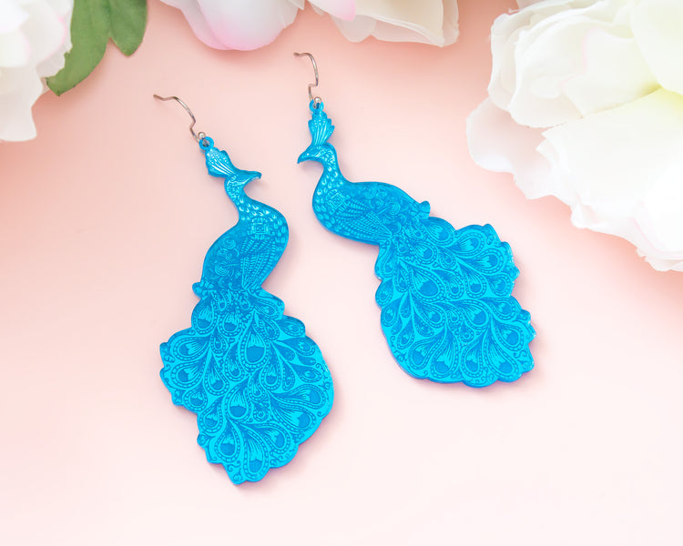 Large Statement Peacock Blue Mirror Acrylic Earrings