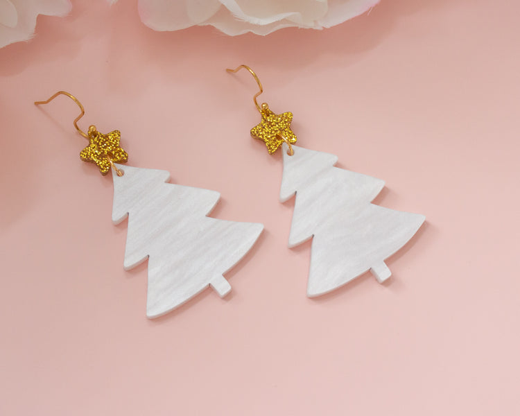 White Pearl Christmas Tree Earrings