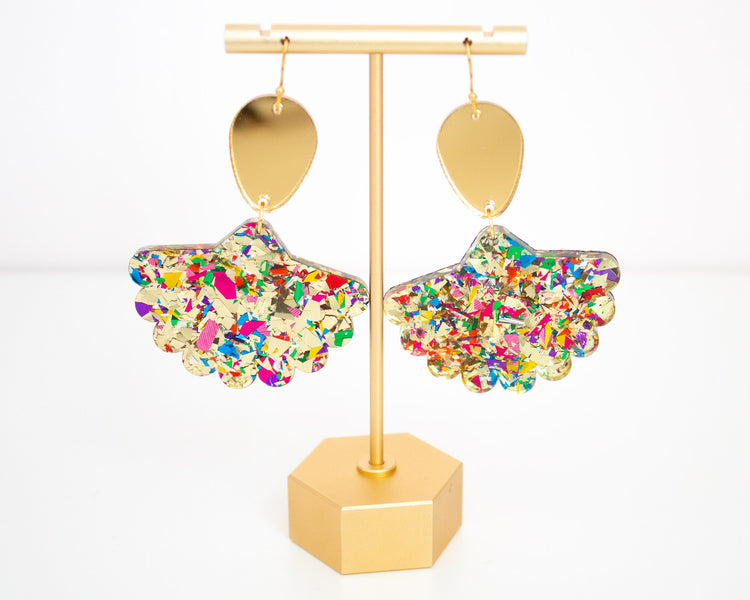 Scallop Fan Gold Confetti Geometric Earrings