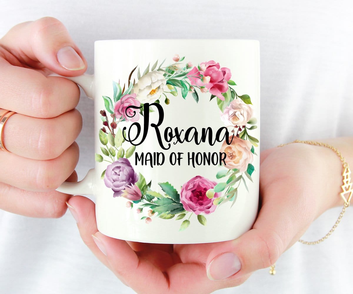 Personalized Maid of Honor Gift Floral Wreath Mug