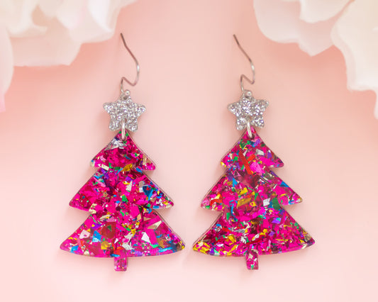 Pink Confetti Christmas Tree Earrings