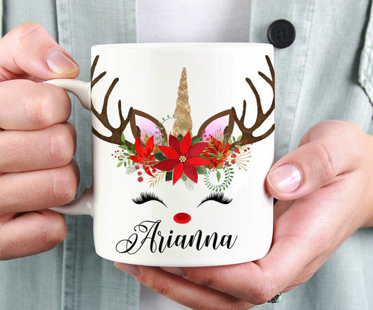 Personalized Name Christmas Unicorn Reindeer Mug
