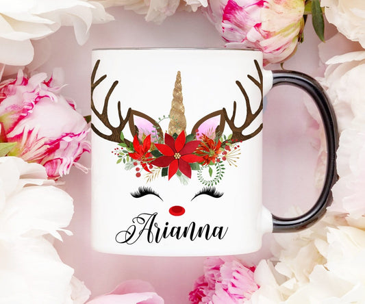 Personalized Name Christmas Unicorn Reindeer Mug