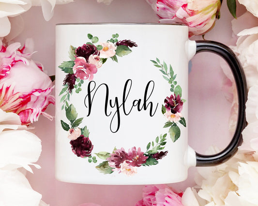 Burgundy Flowers Personalized Coffee Mug