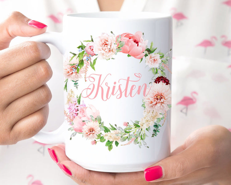 Personalized Pink Peonies Floral Mug