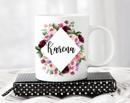 Custom Name Burgundy Flowers Coffee Mug