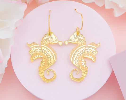 Sea Horse Gold Mirror Acrylic Earrings