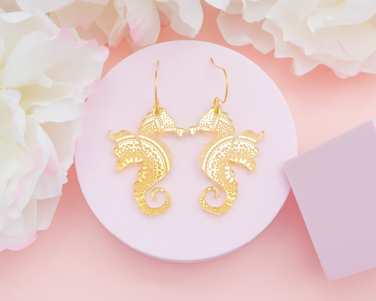 Sea Horse Gold Mirror Acrylic Earrings