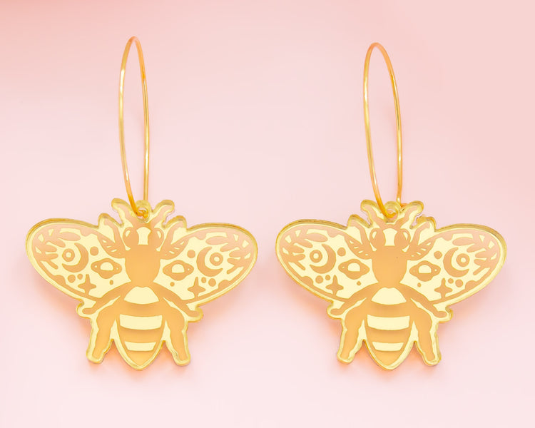 Celestial Bee Gold Mirror Hoop Earrings