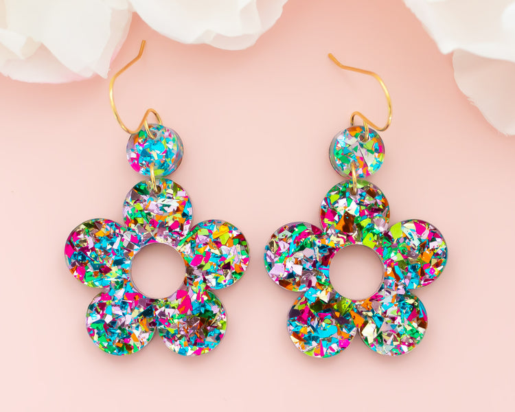 Multi-Colour Confetti Daisy Retro Flower Acrylic Earrings