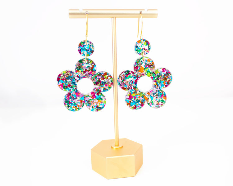 Multi-Colour Confetti Daisy Retro Flower Acrylic Earrings