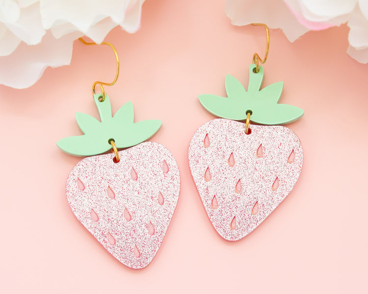 Pink Glitter Strawberry Acrylic Earrings