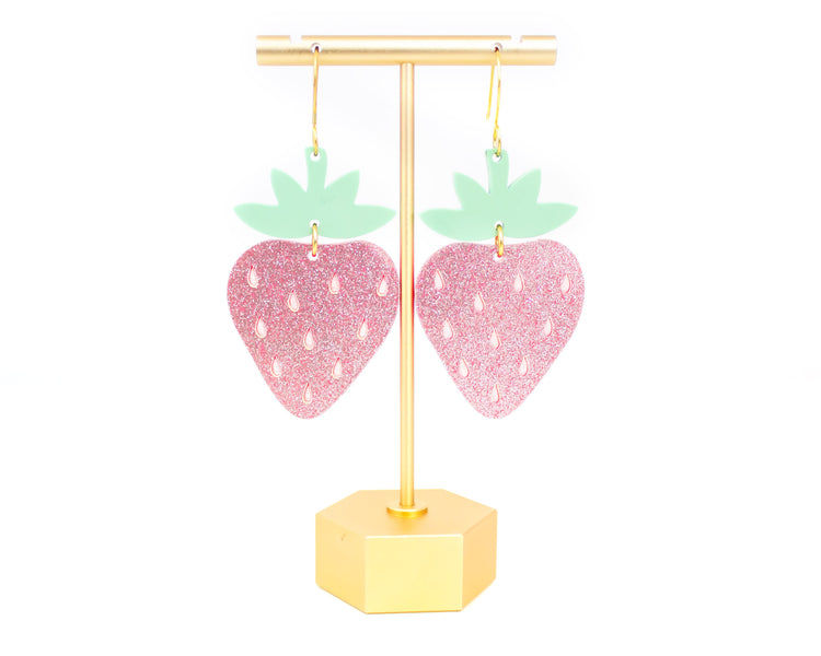 Pink Glitter Strawberry Acrylic Earrings