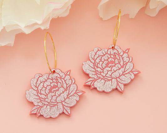 Glitter Pink Peony Acrylic Hoop Earrings