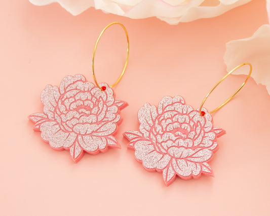 Glitter Pink Peony Acrylic Hoop Earrings