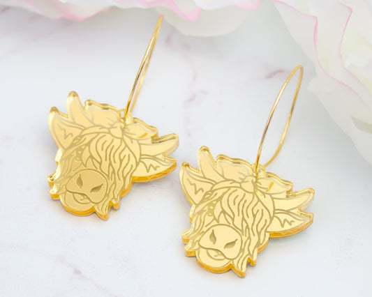 Gold Highland Cow Acrylic Hoop Earrings