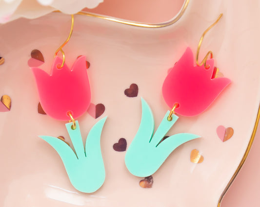 Neon Pink Tulip Flower Acrylic Earrings