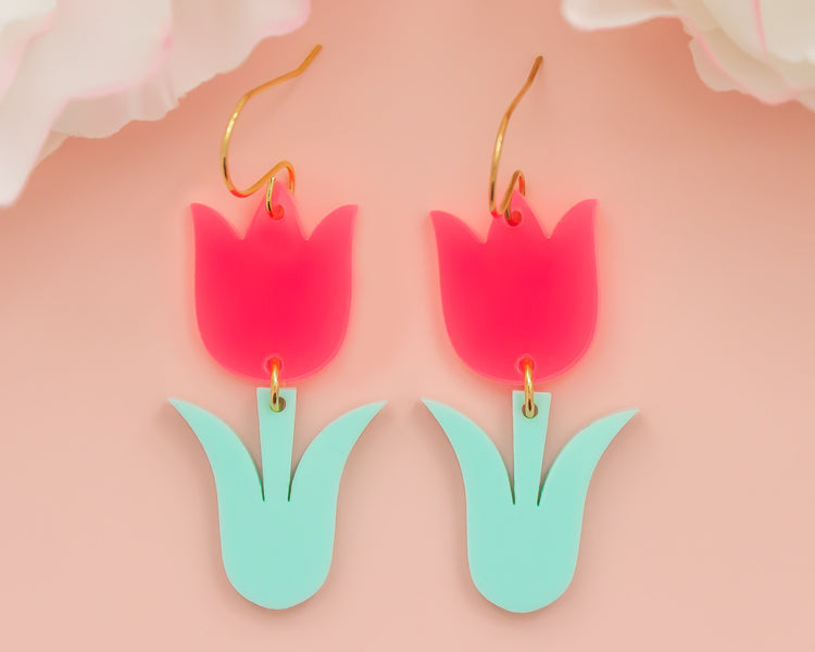 Neon Pink Tulip Flower Acrylic Earrings