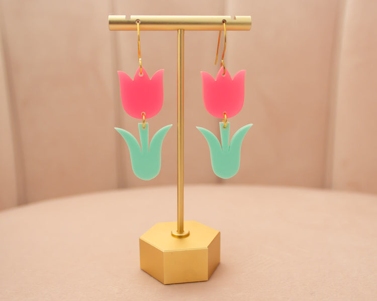 Neon Pink Tulip Flower Acrylic Earrings