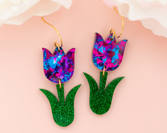 Blue & Purple Tulip Flower Acrylic Earrings