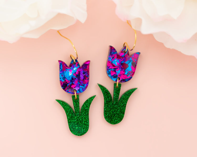 Blue & Purple Tulip Flower Acrylic Earrings