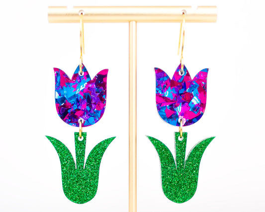 Blue & Purple Tulip Flower Acrylic Earrings