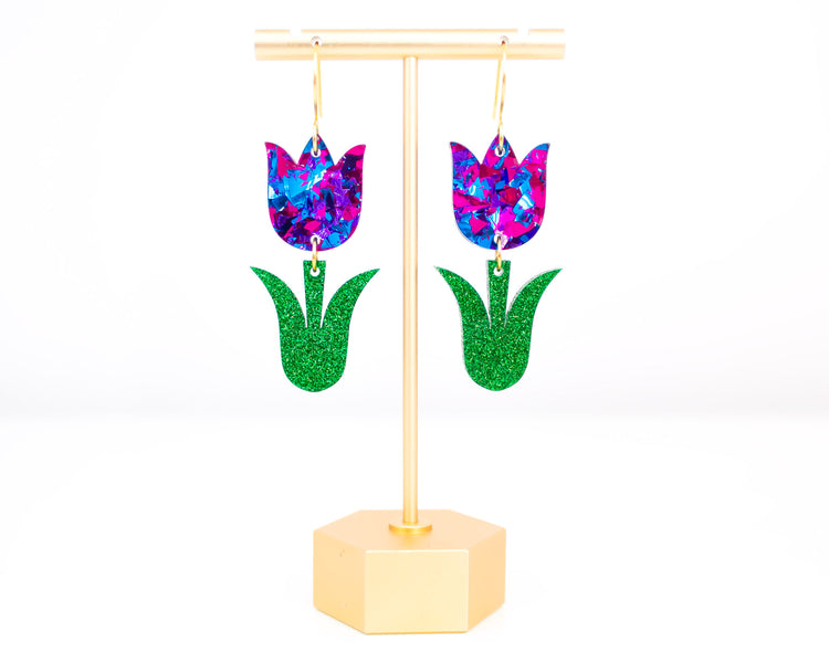 Blue & Purple Tulip Flower Acrylic Earrings