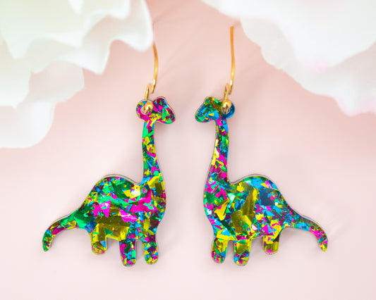 Green Dinosaur Confetti Earrings