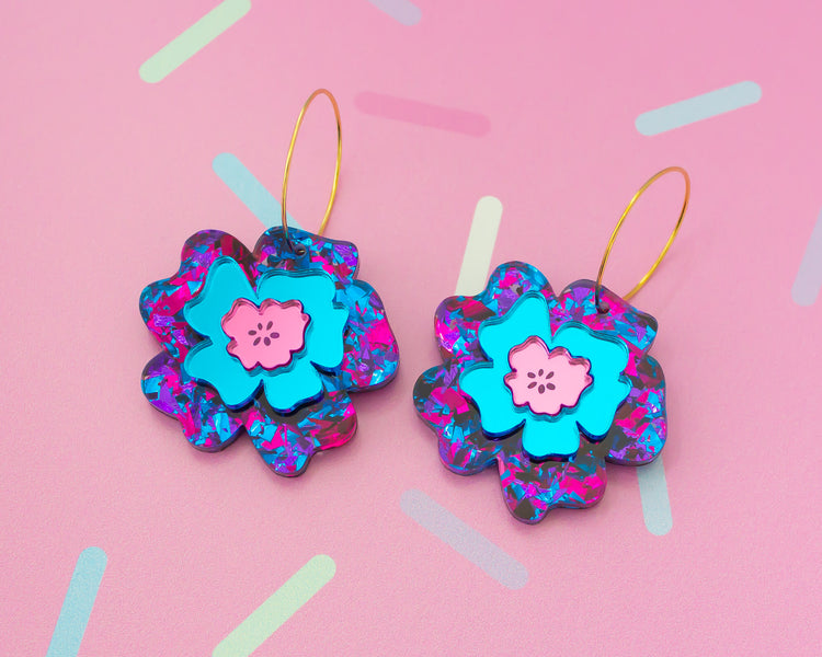 Pink & Blue Statement Flower Acrylic Hoop Earrings