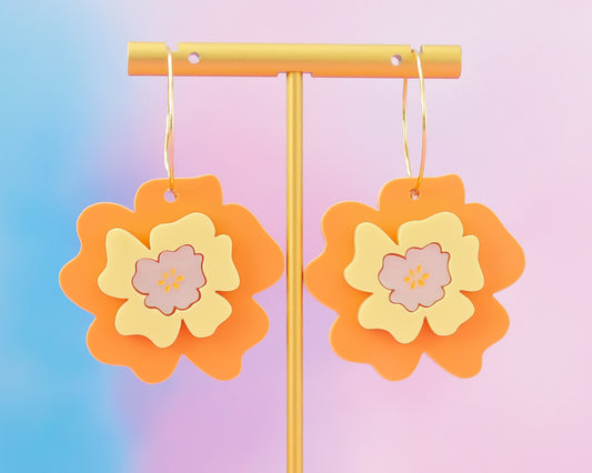 Orange & Yellow Flower Acrylic Hoop Earrings