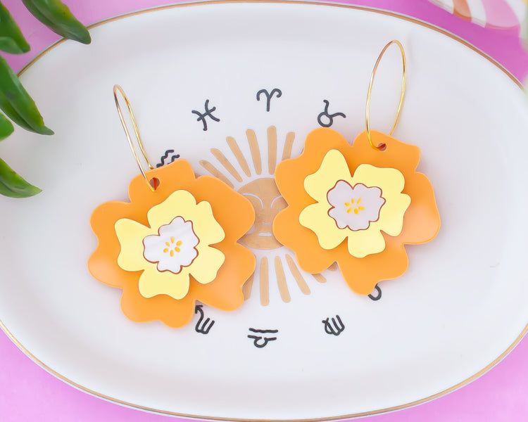 Orange & Yellow Flower Acrylic Hoop Earrings