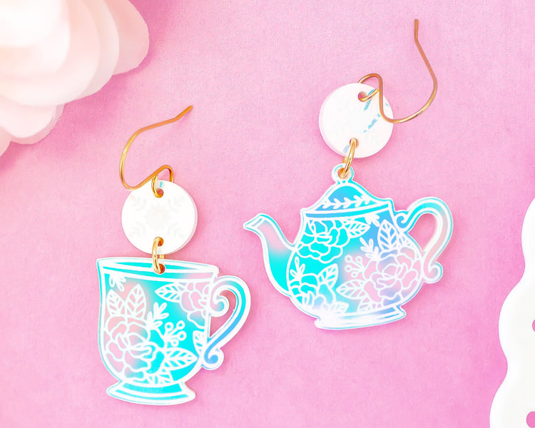 Tea Cup & Teapot Mismatch Holographic Earrings