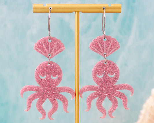 Pink Glitter Octopus Earrings