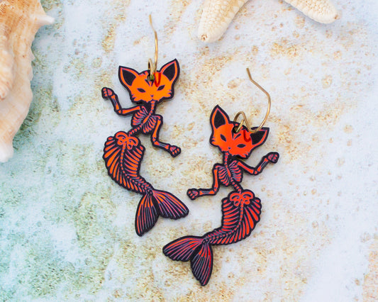 Skeleton Mermaid Cat Earrings