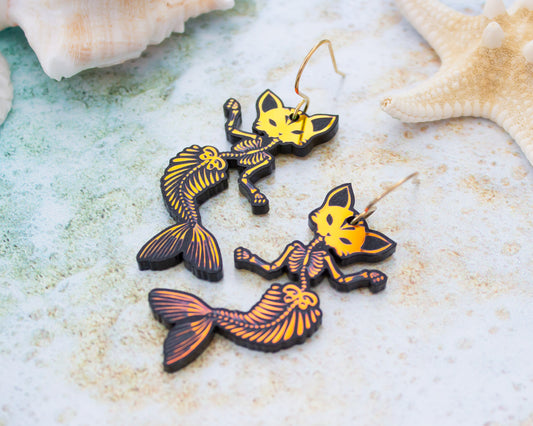Skeleton Mermaid Cat Earrings