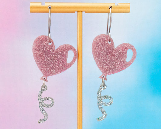 Pink Glitter Heart Balloon Earrings