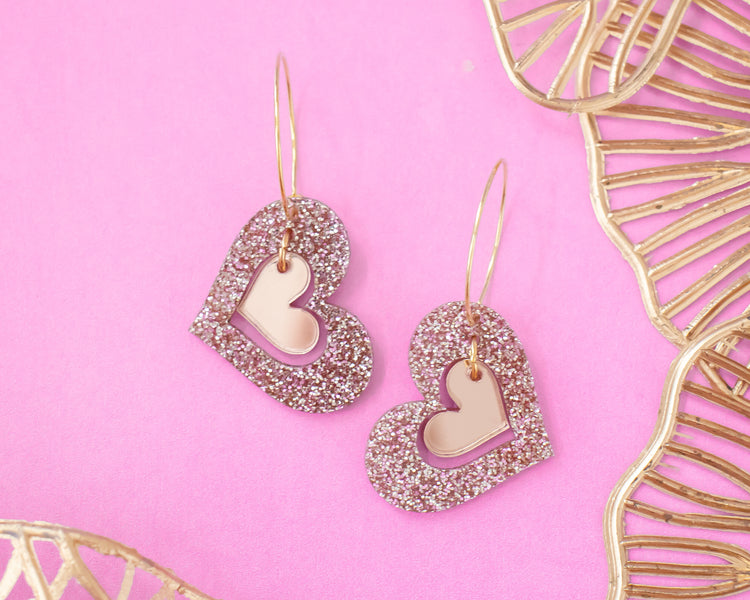 Rose Gold Double Tilted Heart Hoops