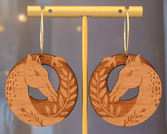 Horse Wood Engraved Hoop Earrings