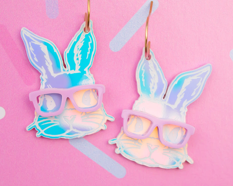 Holographic Bunny With Glasses Earrings