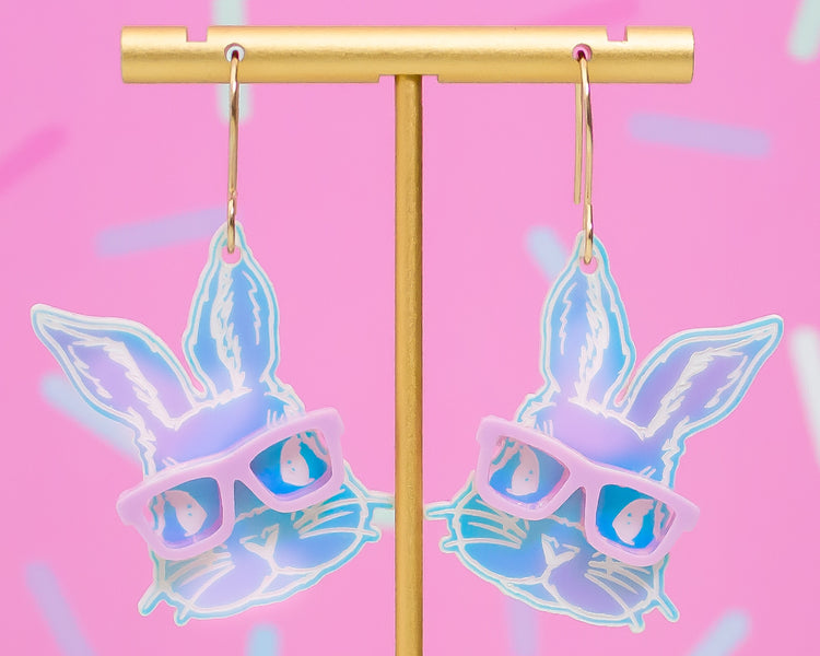 Holographic Bunny With Glasses Earrings