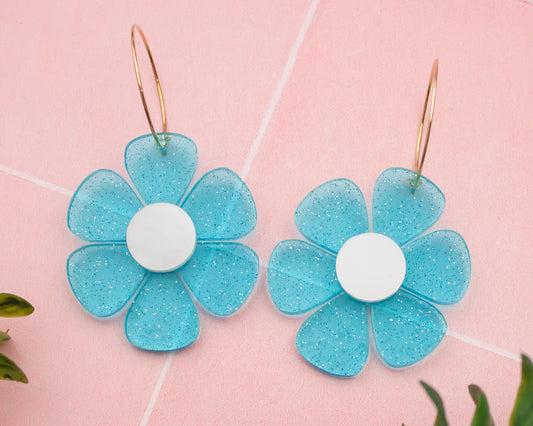 Blue Glitter Daisy Flower Hoop Earrings