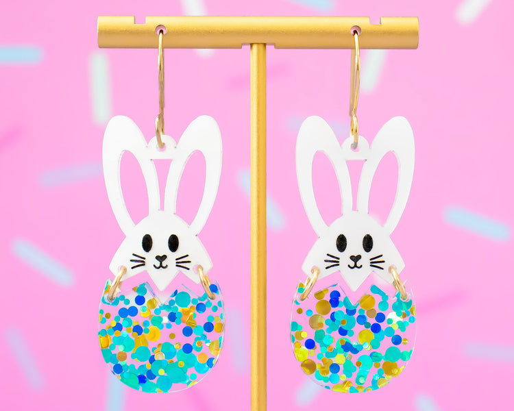 Bunny In Egg Blue Confetti Earrings