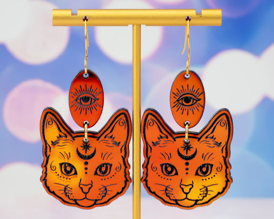 Celestial Cat Red/Green Holographic Earrings