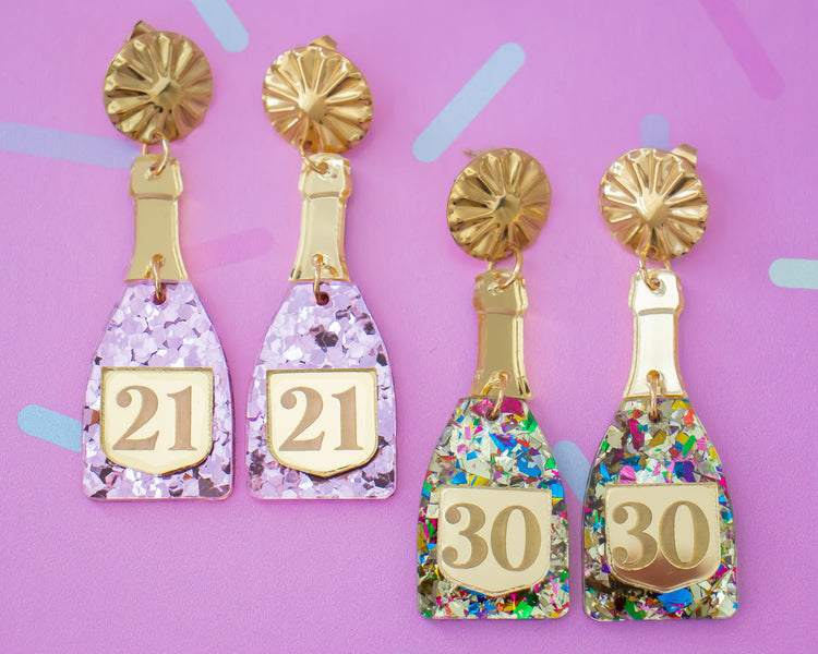 Champagne Bottle Custom Birthday Number Earrings