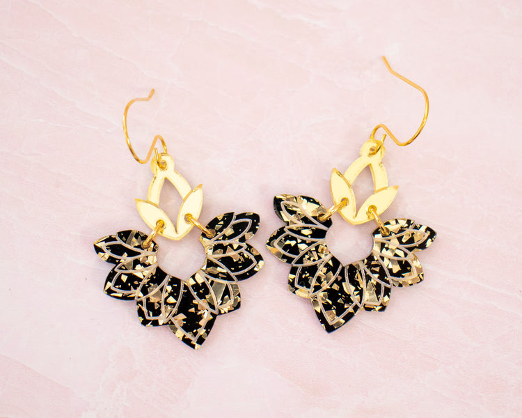 Black & Gold Abstract Lotus Earrings