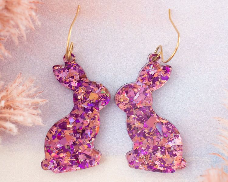 Pink & Purple Glitter Flake Bunny Earrings