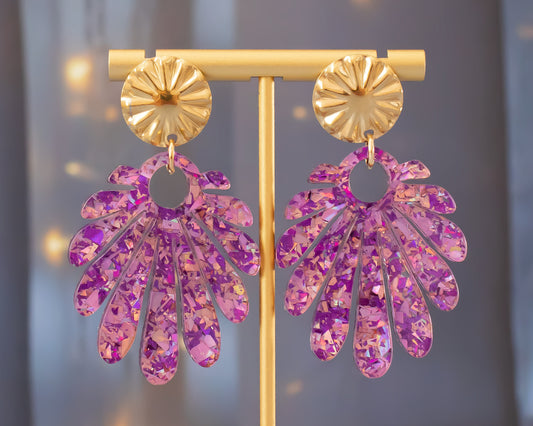 Large Statement Pink & Purple Flake Geometric Earrings