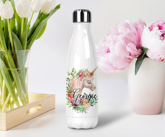 Personalized Floral Unicorn Water Bottle Stainless Steel