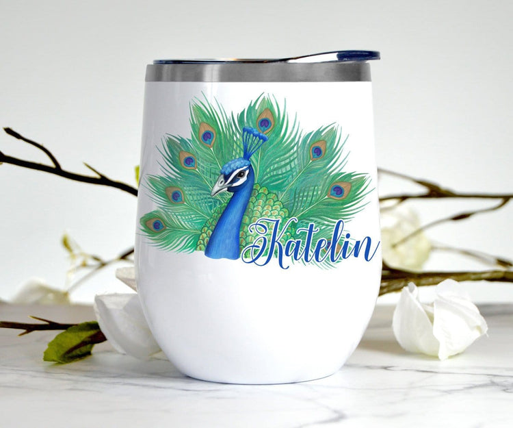 Peacock Gift Personalized Wine Tumbler With Lid Stainless Steel
