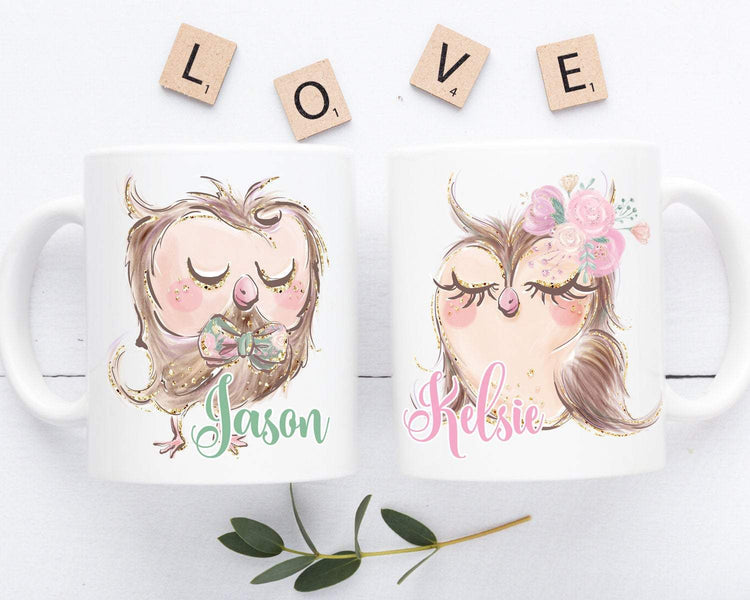 Engagement Gift Set, Owl Mugs Personalized Couple Gift
